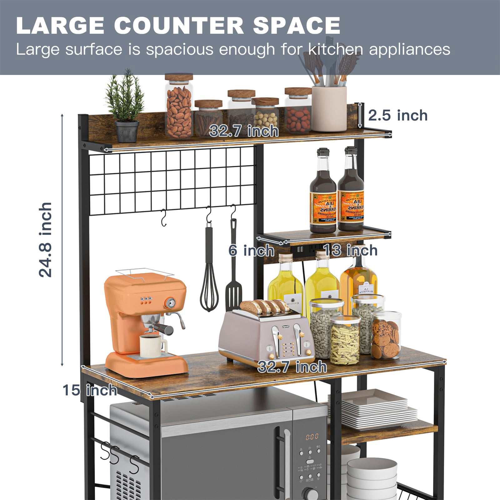 Hommoo Multipurpose Kitchen Storage Rack, Baker's Rack, Microwave Stand, Coffee Bar Station with Hooks and Wire Basket, Rustic Brown