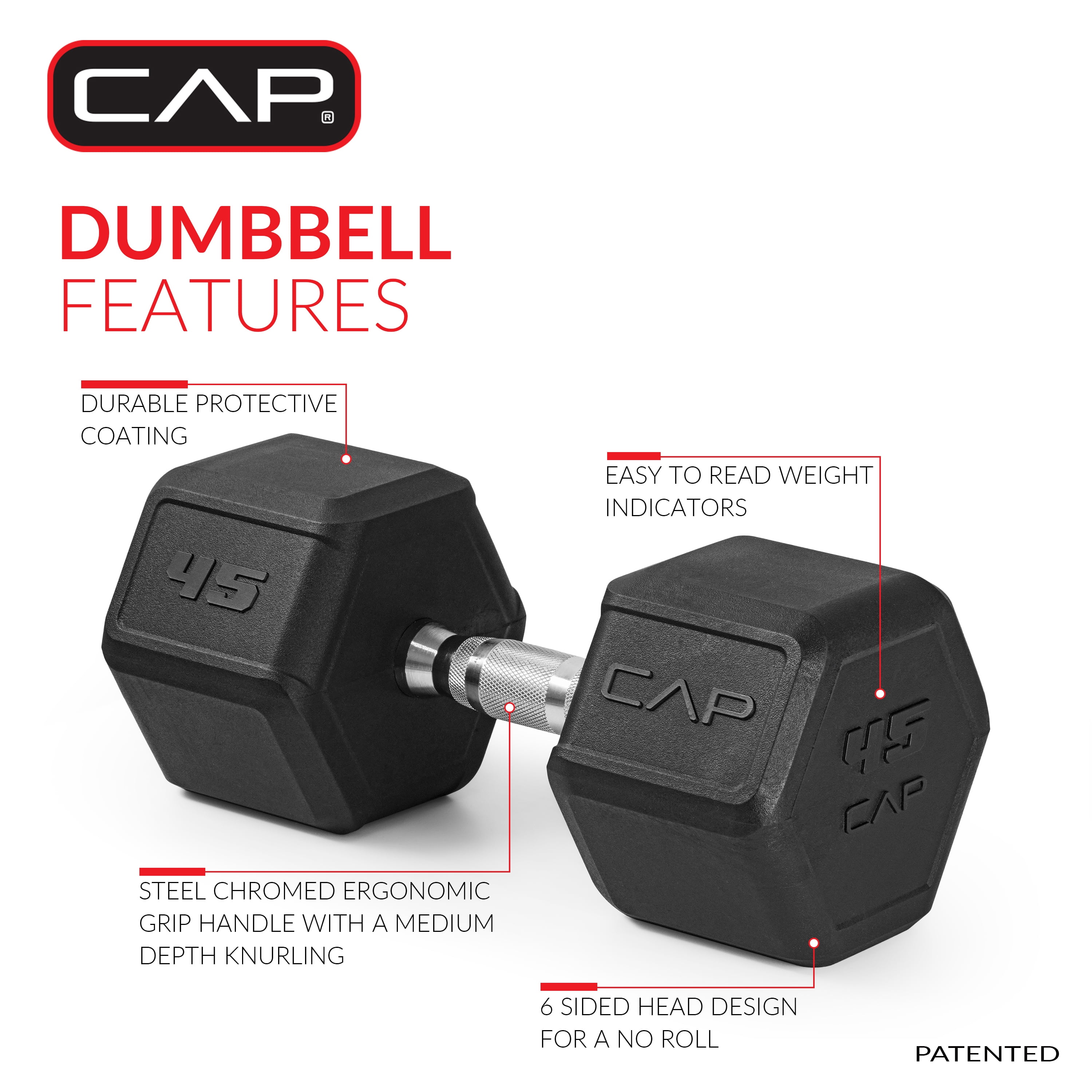 CAP 45 lb Rubber Coated Hex Dumbbell with Contoured Handle