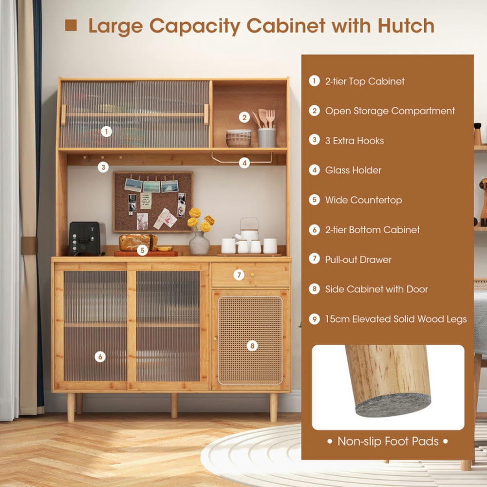 Finihen Kitchen Storage Cabinet, Buffet Sideboard, 69 Inch Wine Bar Kitchen Cabinet with Sliding Tempered Glass and Rattan Door, for Dining Room, Kitchen, Living Room, Natural Finihen Kitchen Storage Cabinet, Buffet Sideboard, 69 Inch Wine Bar Kitchen Cabinet with Sliding Tempered Glass and Rattan Door, for Dining Room, Kitchen, Living Room, Natural