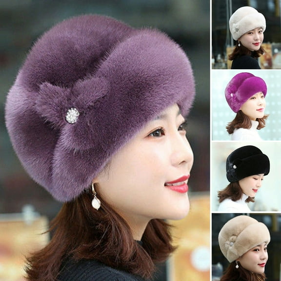 Soumake Winter Hat Russian Faux Rabbit Fur Flower Decor Thickened Luxury Keep Warm Solid Color Autumn Winter Thermal Middle-aged Women Cap for Outdoor