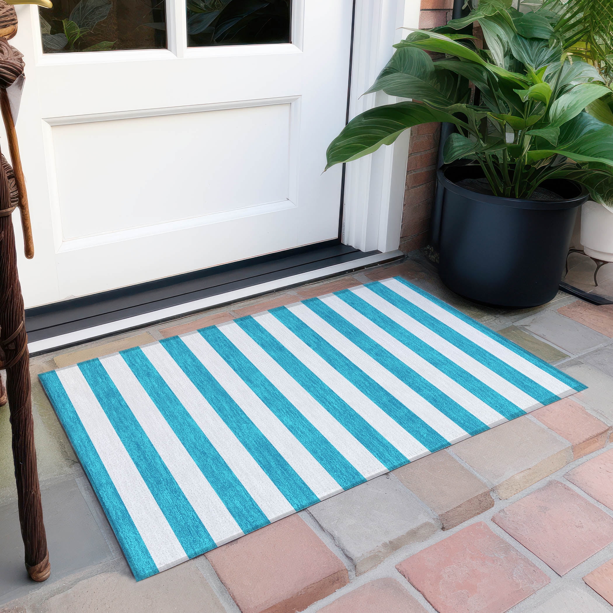 Addison Rugs Chantille Indoor/Outdoor Transitional Stripes Teal Washable Rectangle Rug, 1'8" x 2'6"