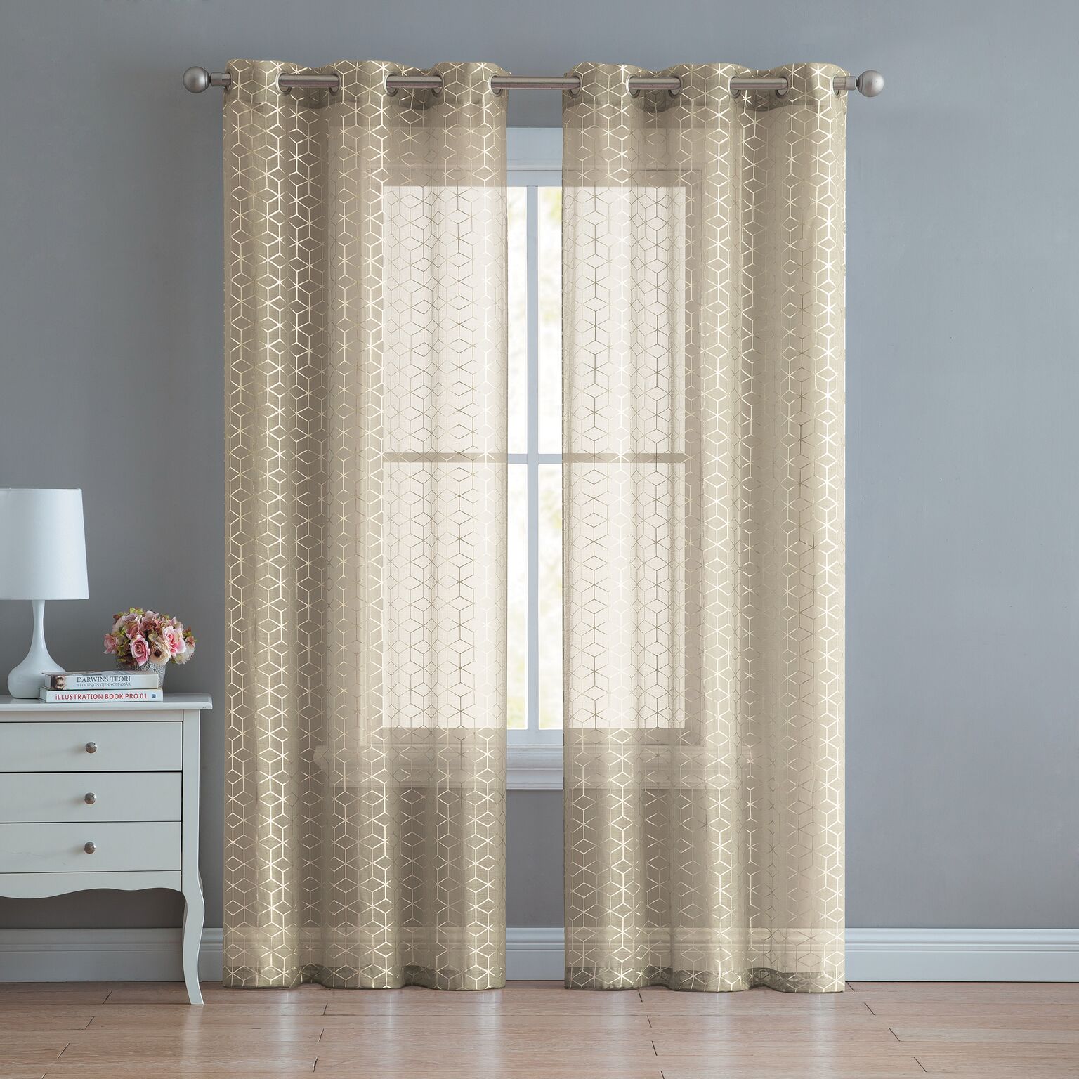 2 Pack VCNY Home Metallic Geo Semi Sheer Grommet Window Curtain