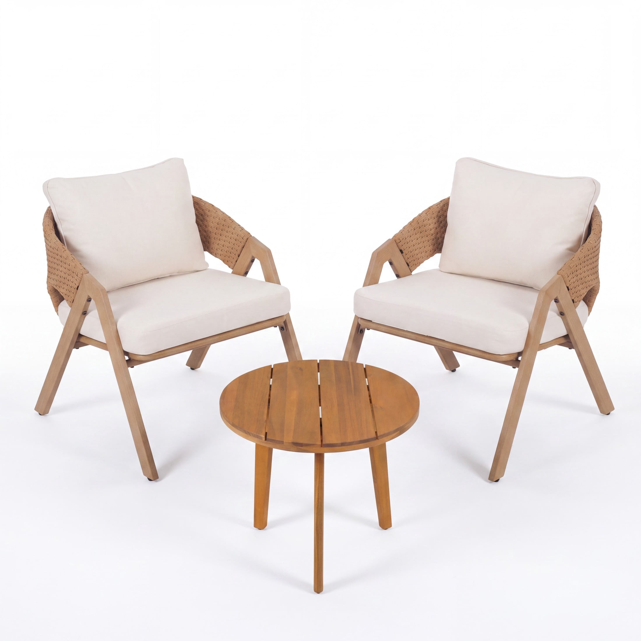 Christopher Knight Home 3-Piece Coastal Patio Chat Set, Rattan Chairs with Wood Side Table, Teak+White