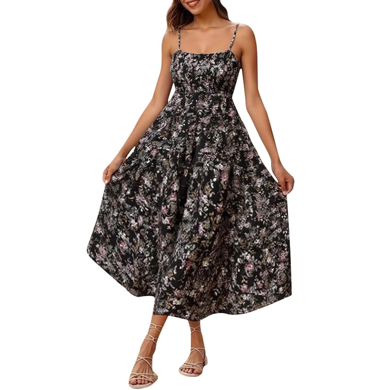 black corset floral swing dress Qulqfy Wedding Guest Womens Summer Dresses Ruffle Sleeveless Maxi Beach Strapped Ruched Elegant A-Line Sundress S Elisabeth is 55 wearing FBA Color:Lemon Vine Print in Ebony Abck pk Baby Mother Daughter Dress