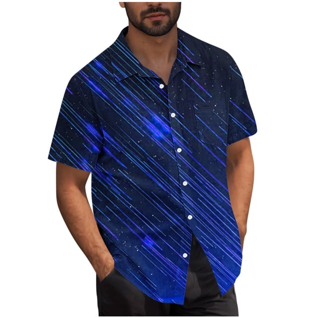 Mens Casual Manga Corta Botón Abajo Camisas Turndown Cuello Blusa de Impresión, Poliéster Ligero Top de la Moda para el Verano Al Aire Libre Y el Uso Diario