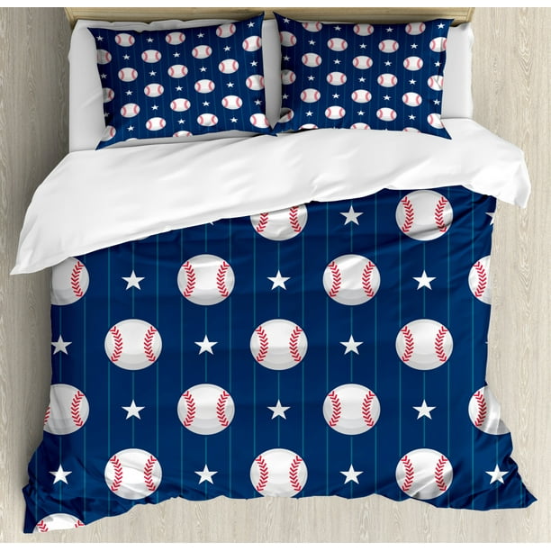 Sports Duvet Cover Set, Baseball Patterns on Vertical Striped Background Stars Artistic Design