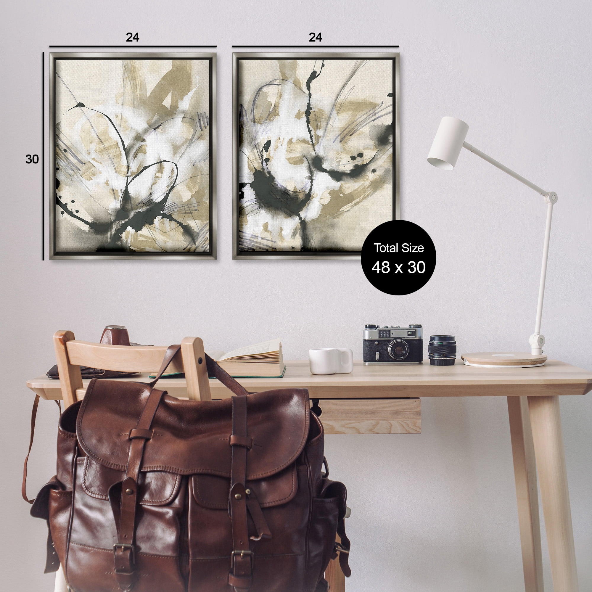 Stupell Industries Beige & Black Splatter Abstract Painting Gray Floater Framed Canvas Art Print Wall Art, 25 x 31, Set of 2