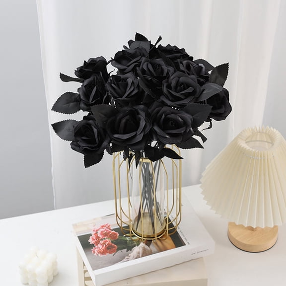 HHBEAUTY 15.35'' Fake Roses 3PCS Single Stem Roses Artificial Flowers Silk Flowers for Home Table Party Gothic Wedding Craft Festivals Halloween Decor (Black)