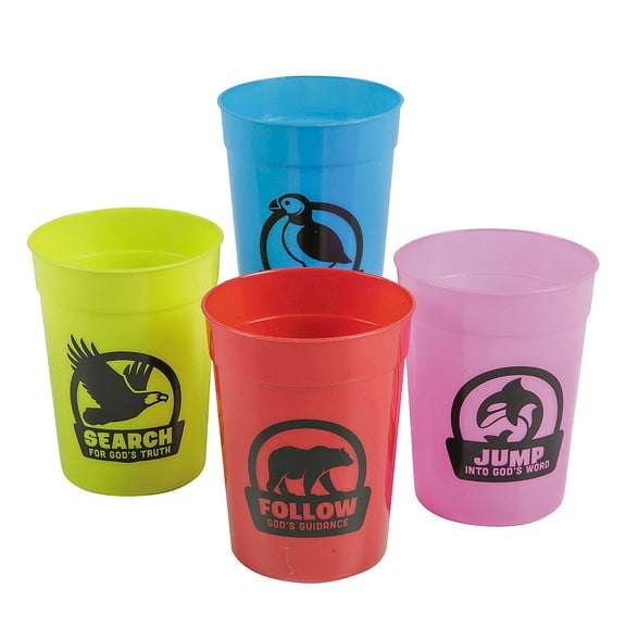 Fun Express 4" 10 oz. Great North VBS Bright Color Reusable Plastic Cups - 12 Count, Vacation Bible School Supplies