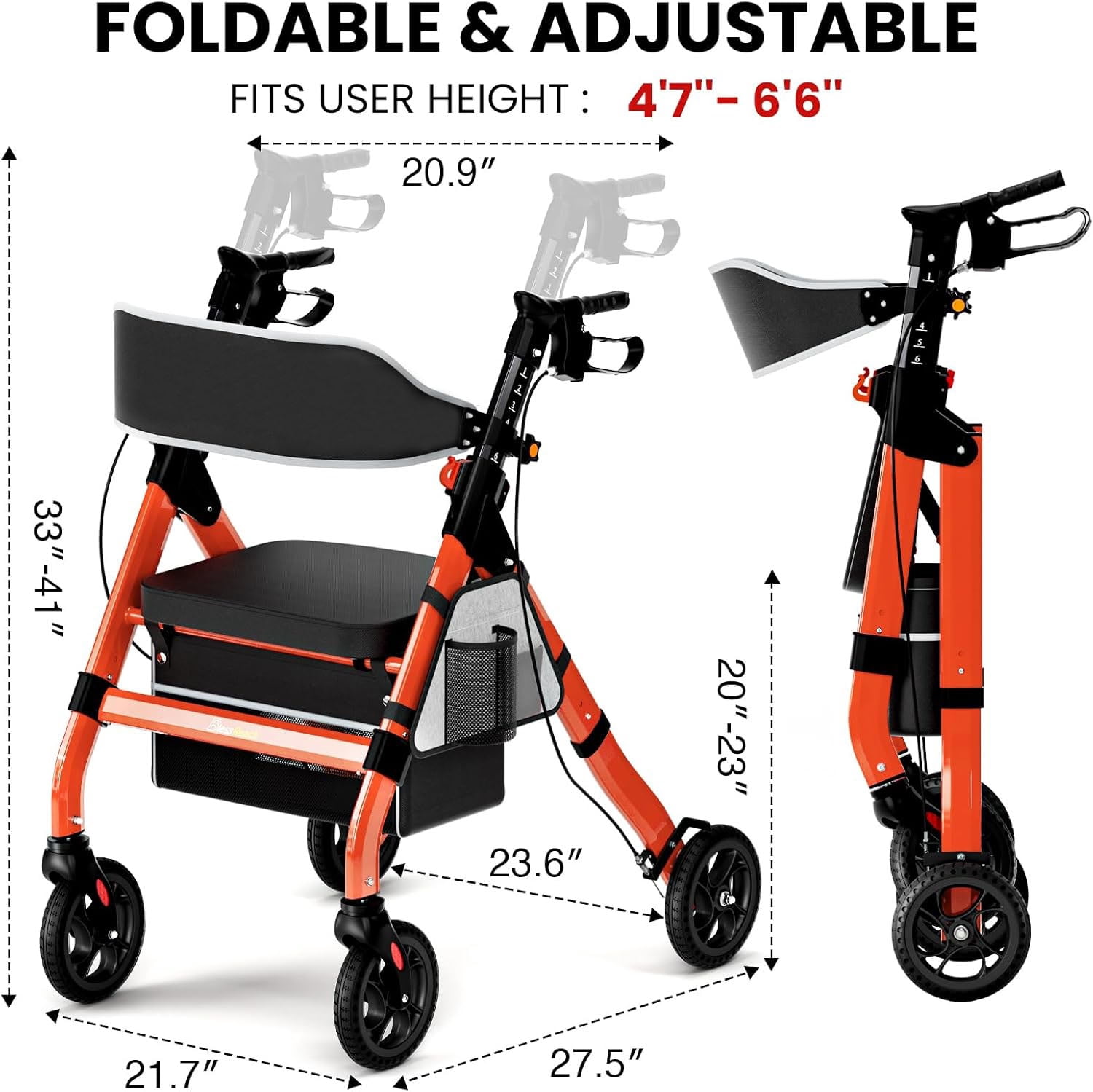 Leumius Foldable Rollator Walkers with Seat for Seniors,18" Big Seat Heavy-Duty Aluminum Rolling Walker with 6-Position Adjustable Height,450lb Capacity