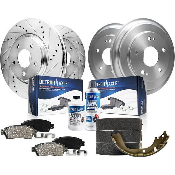 Detroit Axle - Brake Kit for 2012-2015 Honda Civic Front Drilled and Slotted Disc Brake Rotors Ceramic Brakes Pads Rear Brake Drums Brakes Shoes 2013 2014 Replacement : 10.31" inch Front Rotors