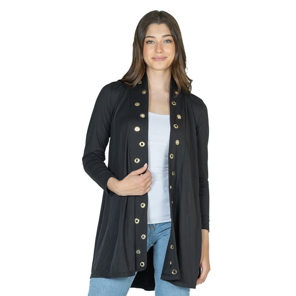 24seven Comfort Apparel Womens Long Sleeve Mid Thigh Open Front Cardigan with Grommet Details-R006386-BLAC-M