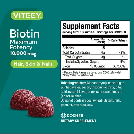 VITEEY Biotin Gummies 10,000 mcg, Hair Skin and Nails, Raspberry Flavor, 60 Count, 1 Pack