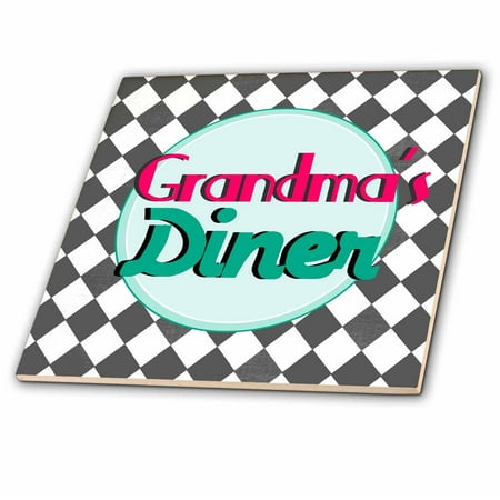 3dRose Grandmas Diner sign on black and white diamonds Retro hot pink aqua teal 1950s 50s fifties kitchen - Ceramic Tile,