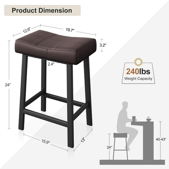 BeesClover Counter Height Bar Stools Set of 2, 24 Inch Barstools for Kitchen Island Counter, Bonded Leather Kitchen Stools with 2.4" Thick Saddle Seats for Dining Room