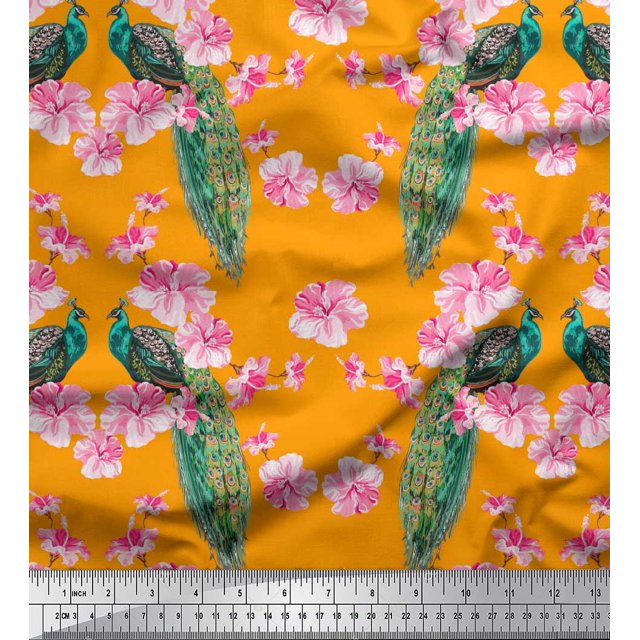 Soimoi Polyester Crepe Fabric Floral & Peacock Bird Print Sewing Fabric Yard 42 Inch Wide