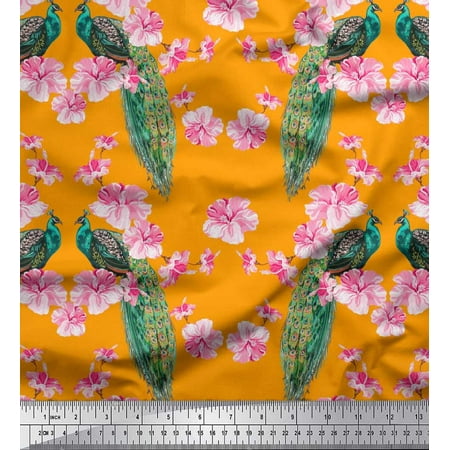 Soimoi Georgette Viscose Fabric Floral & Peacock Bird Decor Fabric Printed Yard 42 Inch Wide