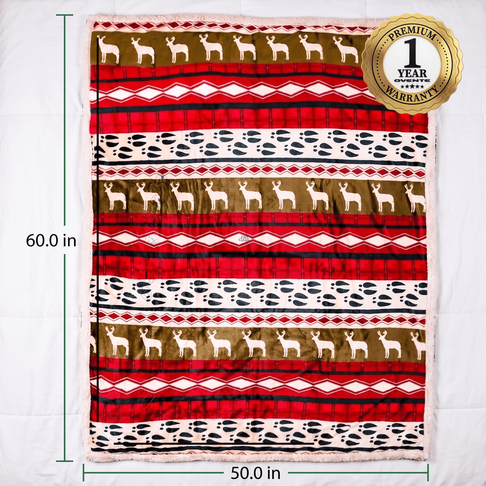 OVENTE Sherpa Throw Blanket, 50"x60", Reindeer Design, Red BLN4688 | Thick and Warm Blanket for Winter, Soft Fuzzy Plush Throw Gift or Sofa Couch Cover for Christmas or Holiday Season