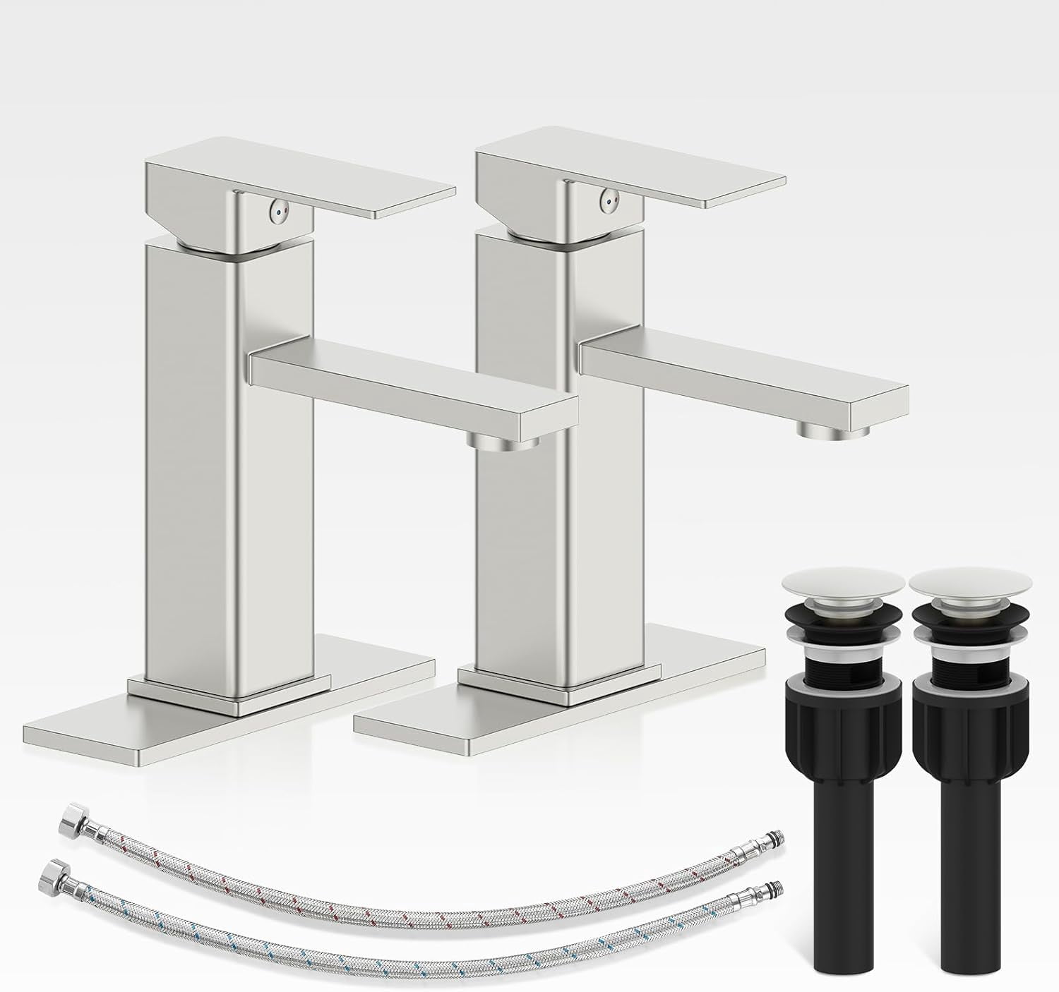 Bathroom Faucets Set with Pop Up Drain, Modern Single Handle Black Bathroom Sink Faucet w/Deck Plate(1 or 3 Hole), Farmhouse RV Vanity Sink Faucet-2 Sets, baño lavamanos Llave