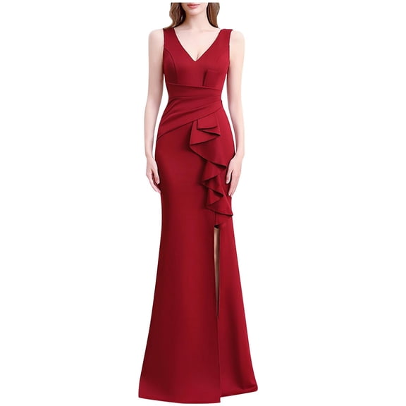 Kilaqueen Dresses for Women Sleeveless V-Neck Slit Leg Solid Color Dresses for Cocktail Parties and Wedding Guest
