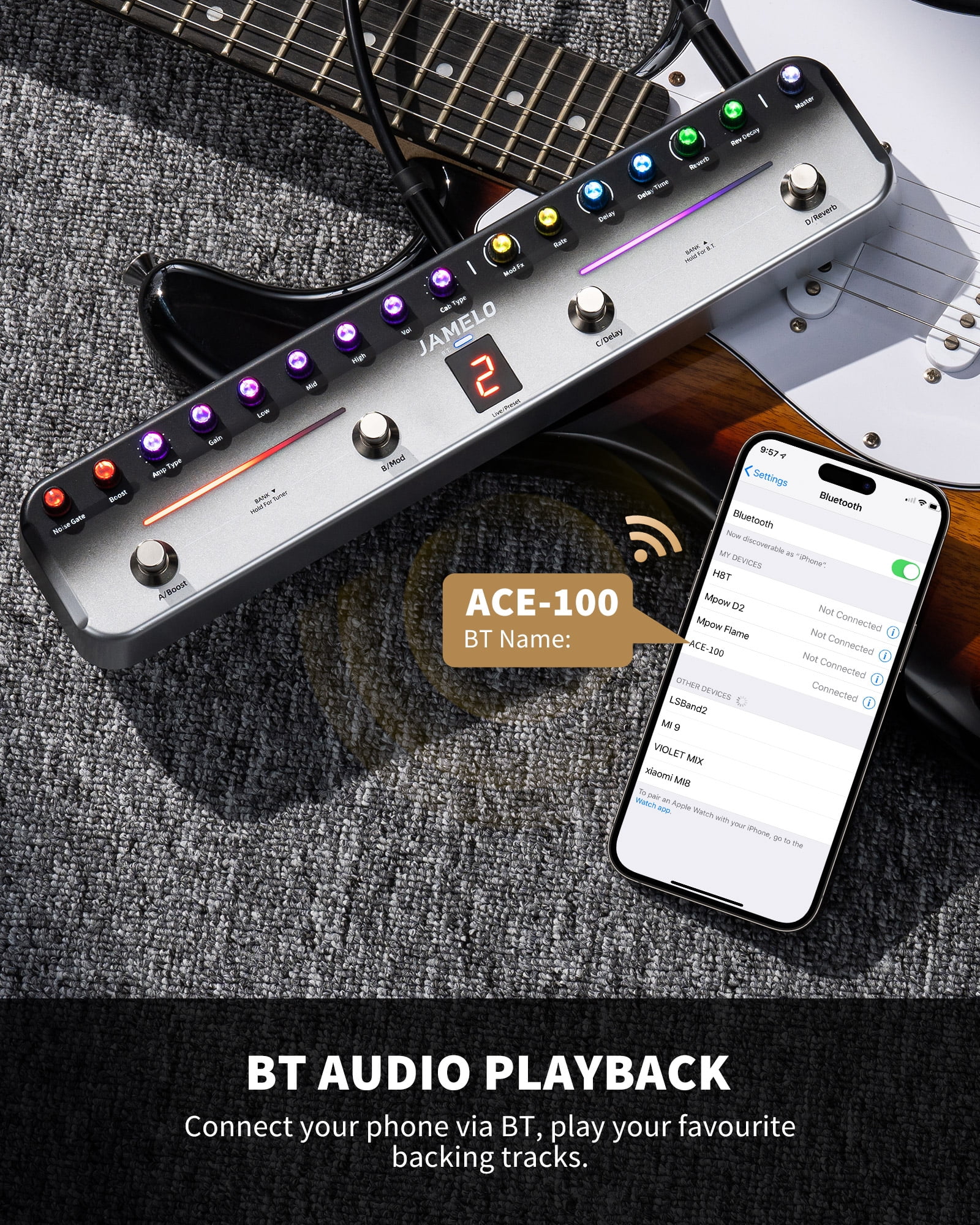 JAMELO Multi Effects Guitar Pedal,with 40 Editable Presets,7 Popular Effects Modules,Chorus,Delay,Reverb,MOD,Rechargeable Battery