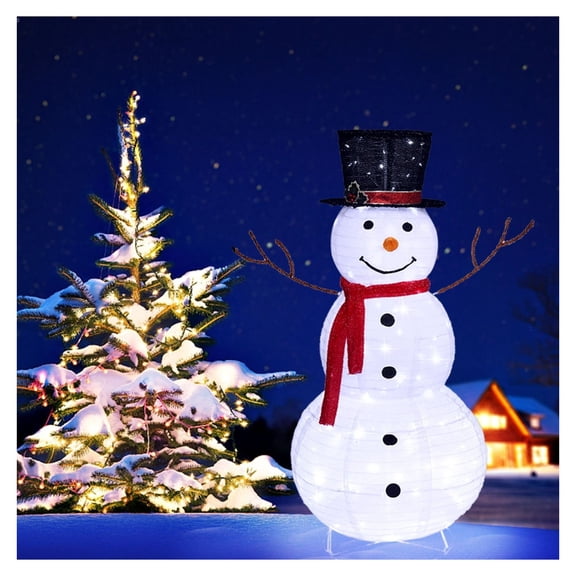 4ft Lighted Snowman Christmas Decoration, Outdoor Snow Fleece Ornament with Warm White Lights, Holiday Yard Decor