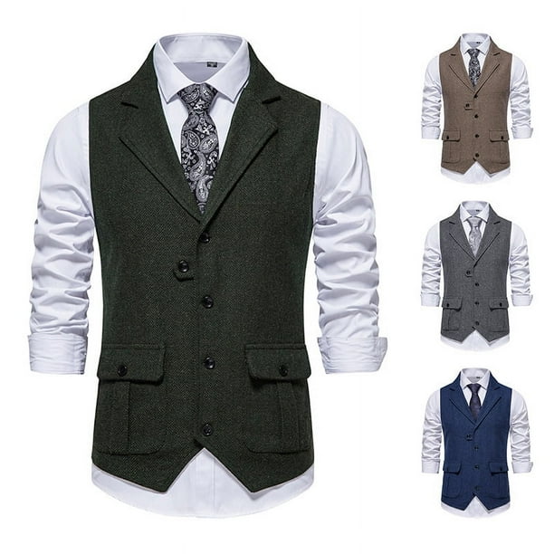 Chaleco de traje de tweed de espiga para hombre, chaleco de solapa vintage