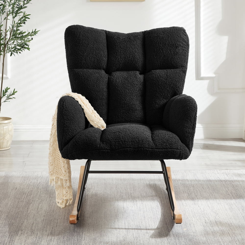 DECMAY Glider Chair for Living Room, Tufted Upholstered Teddy Fabric Rocking Accent Chair with Metal Frame and Wooden Legs