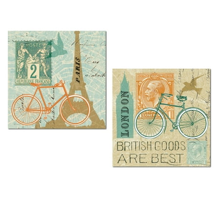 Paris And Eiffel Tower Lovely Paris and London Landmarks Eiffel Tower and Big Ben Bicycle Collage Set by Sue Schlabach; Two 12x12in Unframed Paper Posters ()