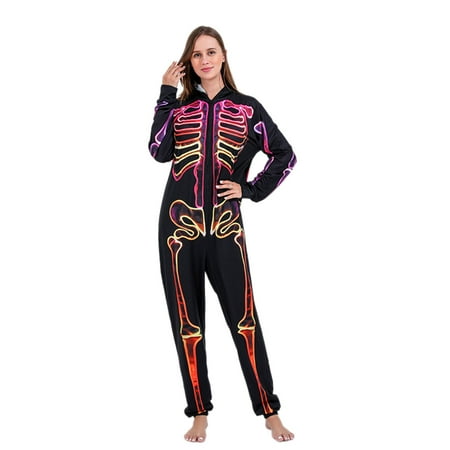 

Ziloco Parent-child Warm Halloween Set Printed Home Wear Hoodid Pajamas Moms Jumpsuit Parent-Child Wear-645 Black（Mommy） XL