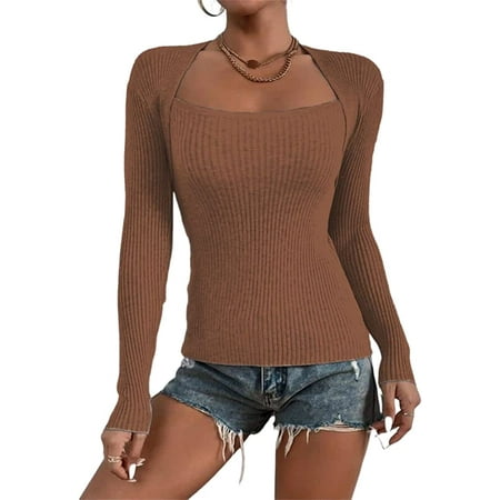 

PIKADINGNIS Womens Square Neck Ribbed Knitted Sweater Solid Long Sleeve Bustier Slim Fit Pullover Jumper Tops