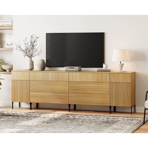 94.5" Long Modern Reeded Dresser TV Stand with Drawers, Entertainment Center with Charging Station, Wooden TV Console with Storage for Living Room