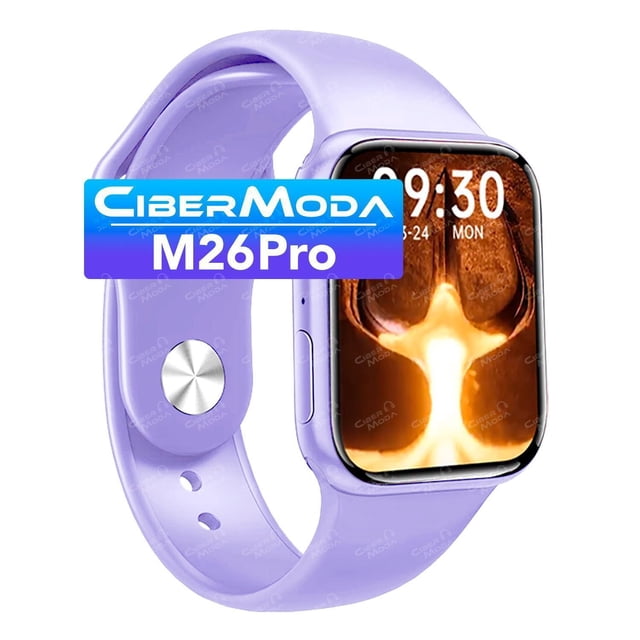 smartwatch m26 pro carga inalambrica gama alta -lila vista frontal de un smartwatch M26 Pro púrpura con pantalla high color de 1.74" mostrando 9:30; carcasa de aleación de aluminio, correa de silicón desmontable compatible con correas tipo Apple 42/44 mm, botón lateral y base de carga inalámbrica incluida; funciones visibles: contestar y hacer llamadas, notificaciones de redes, control de música, modos deportivos, monitor de sueño e indicador de porcentaje de batería. Suele utilizarse también como disparador remoto de cámara cuando se sincroniza con el teléfono.