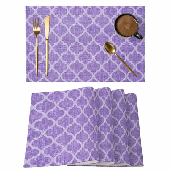 Placemats Set of 4, Purple Moroccan Woven Placemat, Linen Place Mats for Kitchen/Dining Tables, Boho Ethnic Abstract Quatrefoil Motifs Washable Table Mats for Party