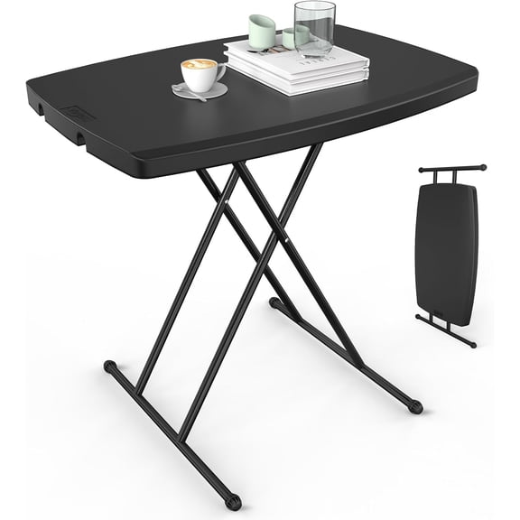 WoofPaw Small Folding Table Portable, 30" Adjustable Height Personal Laptop TV Tray, Camping Table, HDPE Plastic Top with Steel Frame,Black
