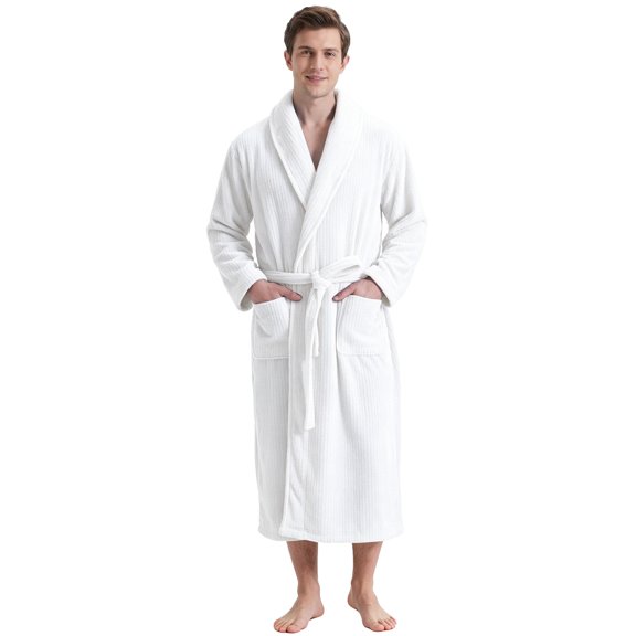 Neweven Men's Shawl Collar Bathrobe, Soft Long Towel Robe for Men (White,L/XL)
