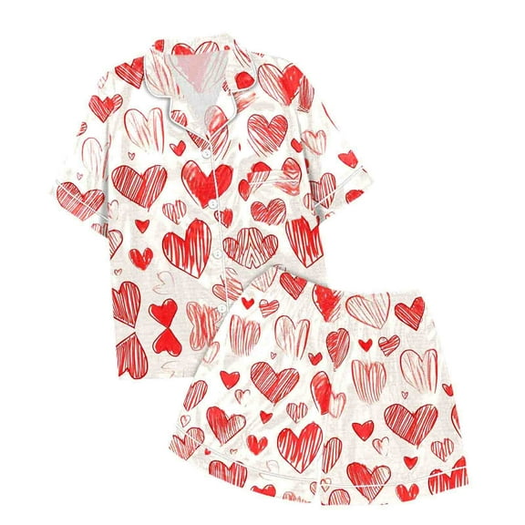 Pajamas for Girls Heart Print Valentine's Day Pajama Set Short Sleeve Button Down Top and Shorts Two Piece Sleepwear Soft White 3 Years-4 Years