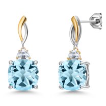 Gem Stone King 925 Silver and 10K Yellow Gold Sky Blue Topaz and White Moissanite Earrings for Women | 18.16 Cttw | Gemstone November Birthstone | Cushion 12MM