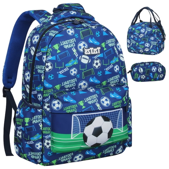 TZLTZS School Backpack Set for Boys with Insulated Lunch Bag&Pencil Case, 3pcs Bookbag with Padded Straps for Travel, Football Printed Gifts for Boys