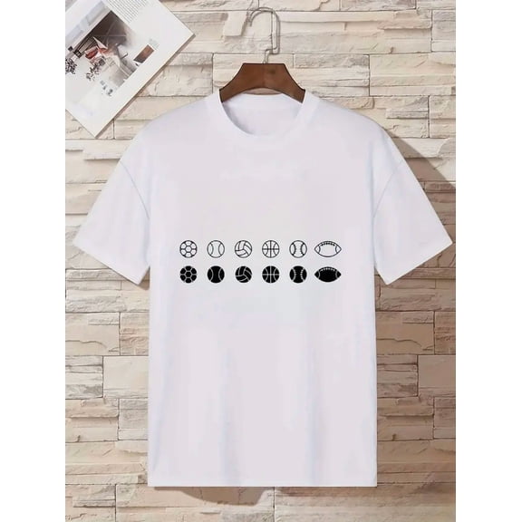 Men'S White Short Sleeve T-Shirt with Multi-Sport Graphic (Soccer, Basketball, Tennis, Volleyball, Bowling, Chess, Checkers, Hockey, Rugby) - Breathable Crew Neck Casual Tee