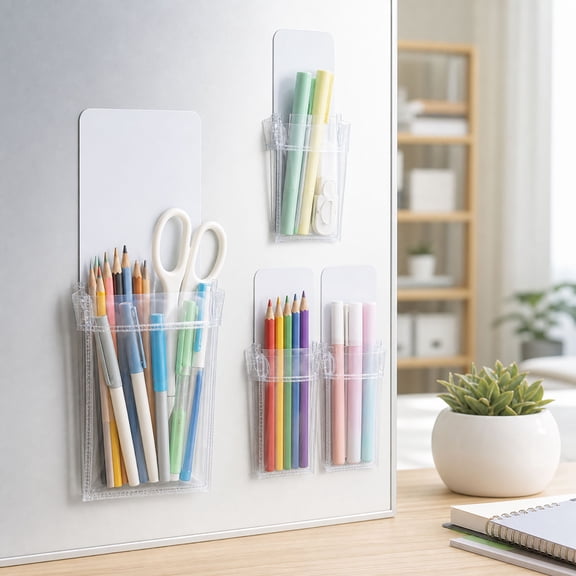 Magnetic Pen Holder 4 Pack, Clear Wall Organizer Caddy for Whiteboard, Refrigerator, Locker – Holds Markers, Pens, Scissors
