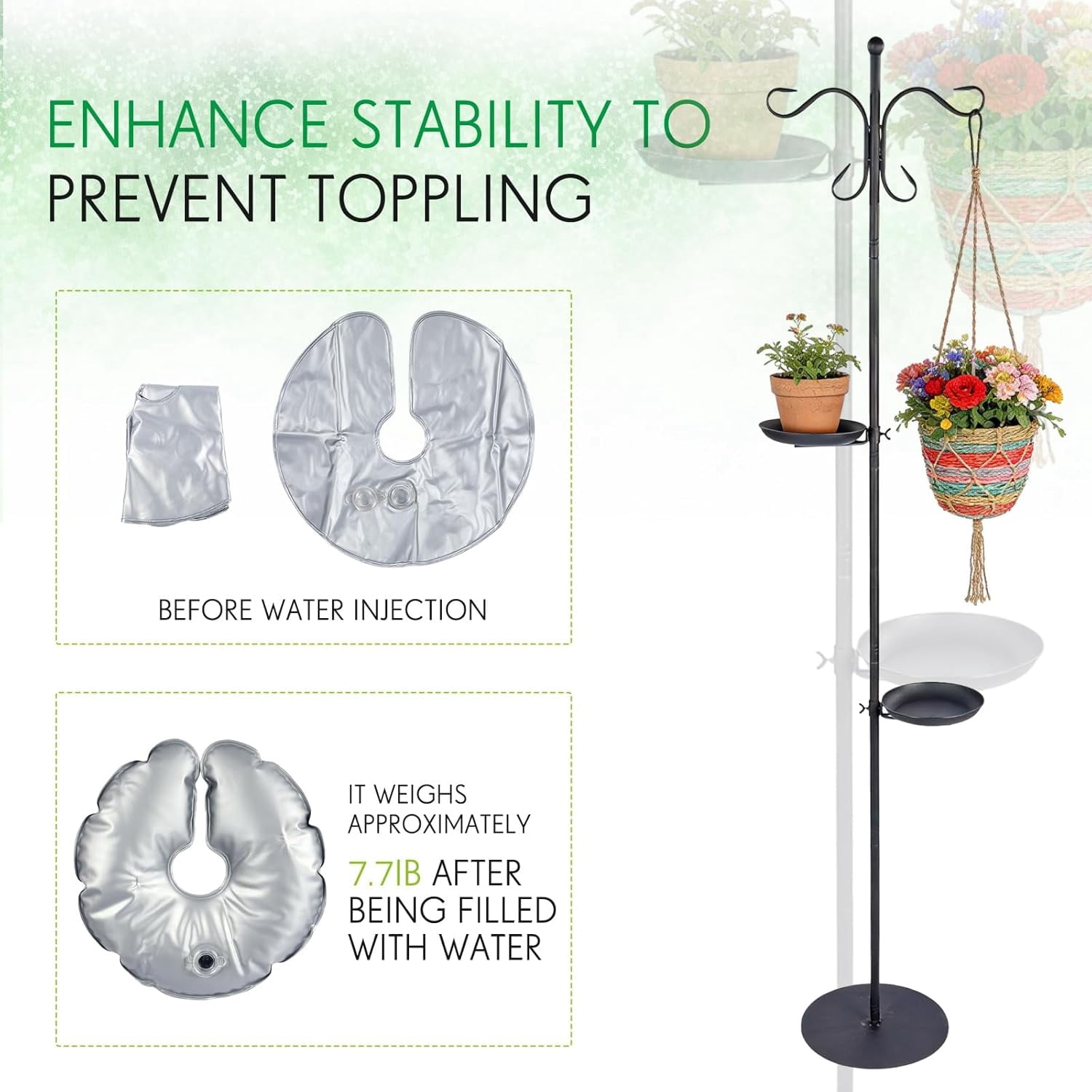 1 Set Upgraded 75.9" Shepherds Hook for Bird Feeder, Hanging Plant Wind Chime Stand, Metal Adjustable Standing Pole Holder for Indoor Outdoor, with 2 Rack & Weight Bag (2 Hooks)