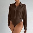 thumbnail image 2 of aohooy Women Button Down Bodysuit Long Sleeve Collared Tops Shirt Blouse Bodysuits Office Business Casual Professional Brown,S, 2 of 9