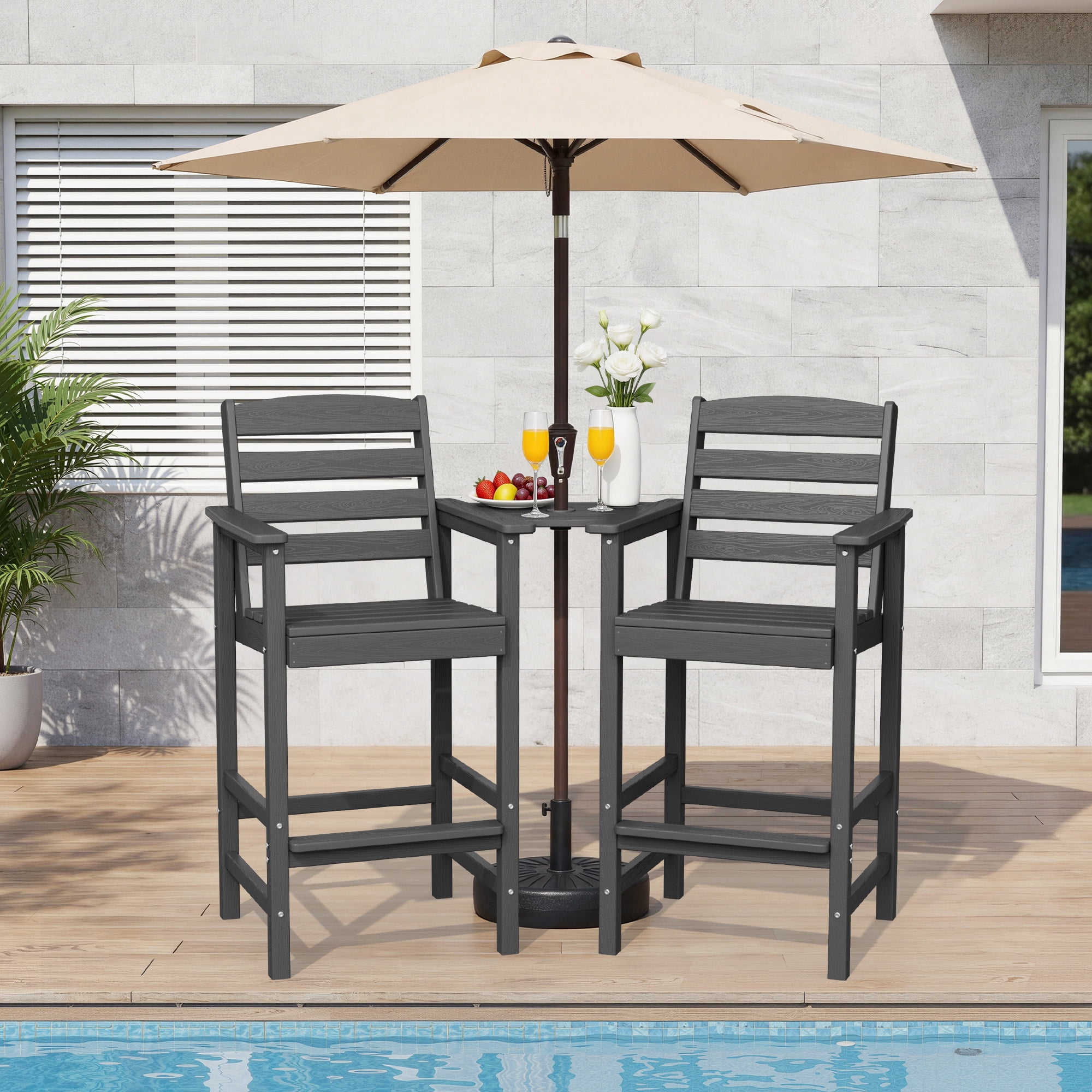 RIAFUN HDPE Height Bar Stools Set of 2 with Removable Connecting Table, Weather Resistant Outdoor Tall Adirondack Chairs with Umbrella Hole for Patio, Poolside, Garden, Gray