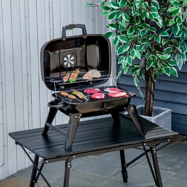 Outsunny 14" Portable Grill, Small Charcoal Grill for Outdoor Cooking, BBQ, Camping, Tailgating, Enamel Coated, Vent, Folding Legs, Black