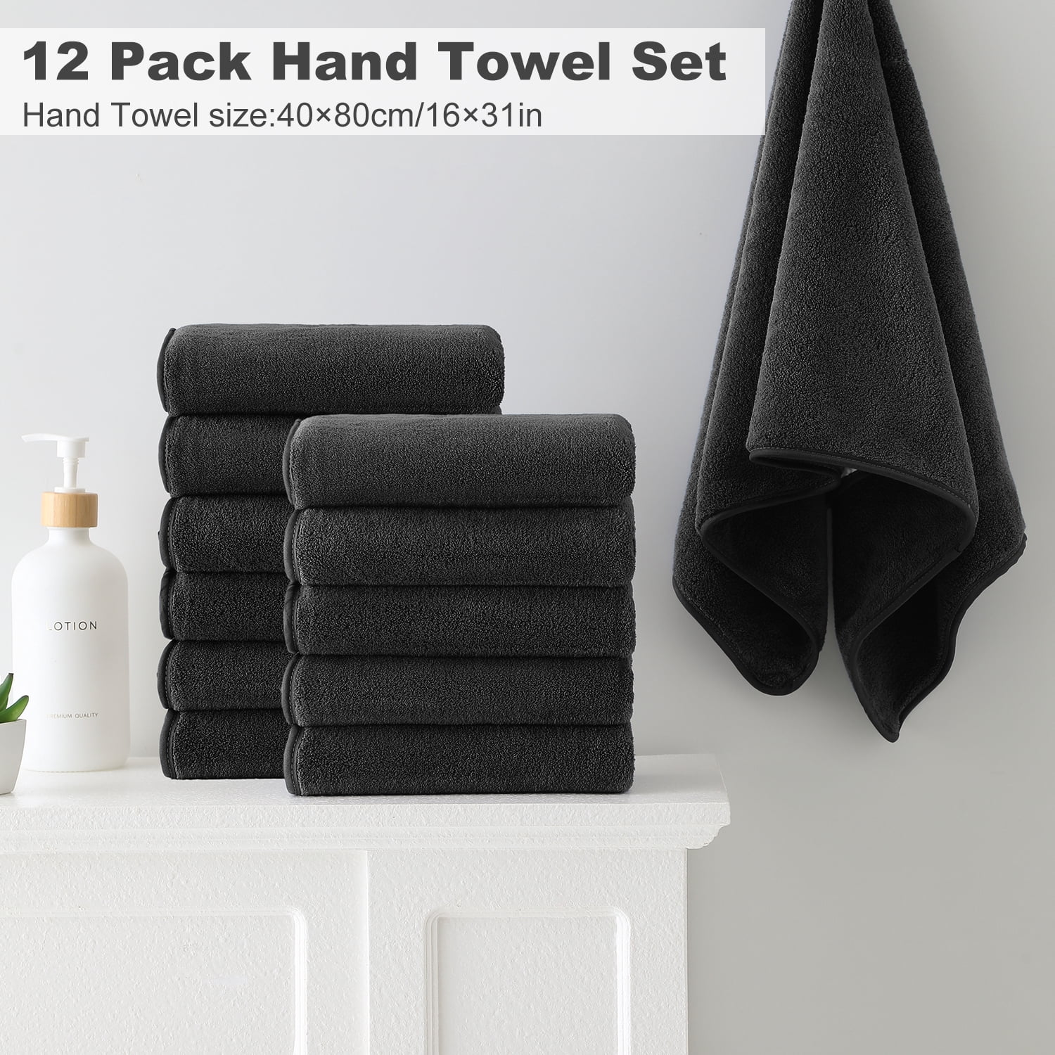 Jessy Home 12 Pack Black Hand Towel Set 16"x31" Soft Highly Absorbent Quick Dry Bathroom Bath Hand Towels Microfiber Plush Towels