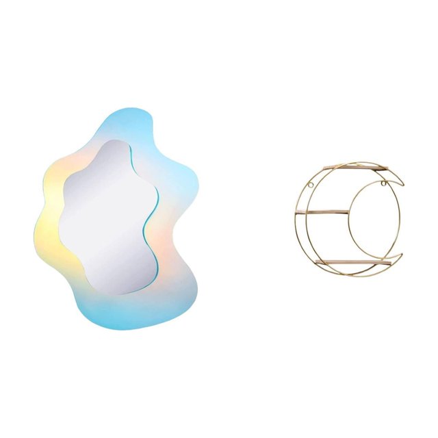 Espejo Acrílico Reflectante Ondulado Con Estante De Pared Metálico Moderno De Tres Niveles. Multifuncional, Ahorra Espacio. Ideal Para Decorar El Baño Y Exhibir Objetos De Colección.