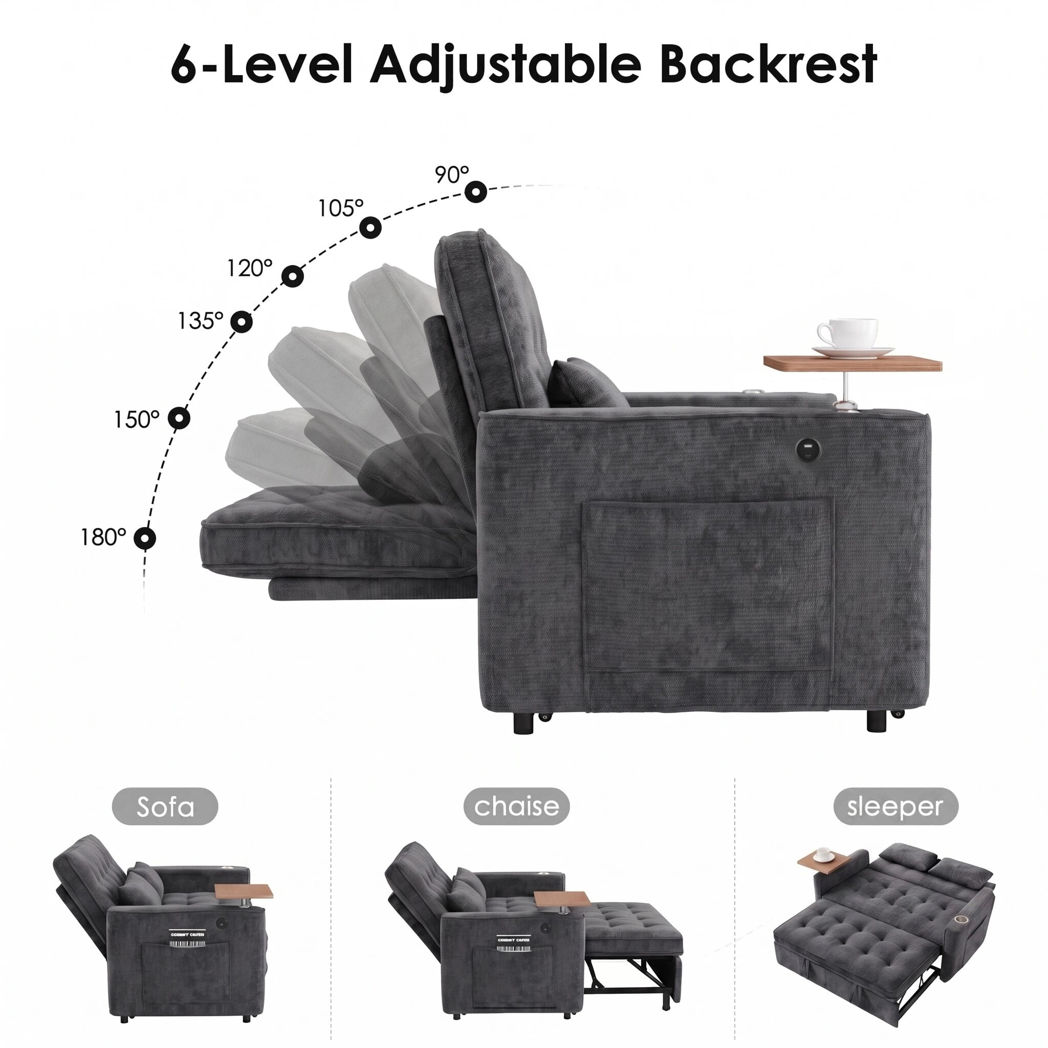 AISWORD 54" Convertible Pull Out Sleeper Sofa Bed, Chenille Loveseat Couch with USB Port, Side Tray Table, Cup Holder, Storage Pockets & Adjustable Backrest for Small Spaces, Dark Gray