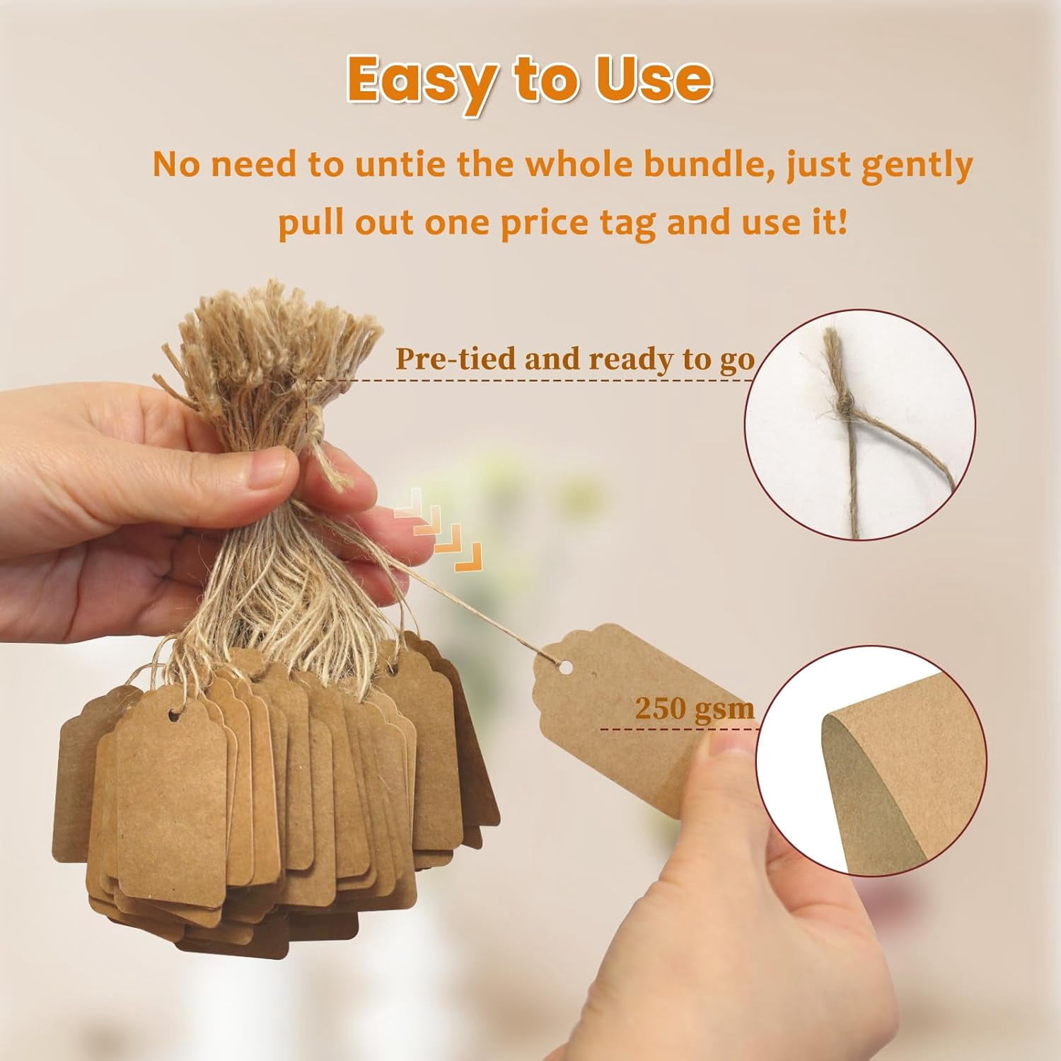 Brown Price Tags with String 1000 PCS, 1.375 x 2.125 Inches, Kraft Paper Hang for Gift Bags, Hanging, Clothing, Jewelry, Garage/Yard Sale, Inventory, 250 GSM