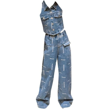 

Girl s Clothes Outfits Casual Baby Toddler Kids Sets Summer New Button Up Lapel Denim Vest And Wide Leg Pants Fashion Two Piece Lovely Playwear Suits Blue 10-12 Years